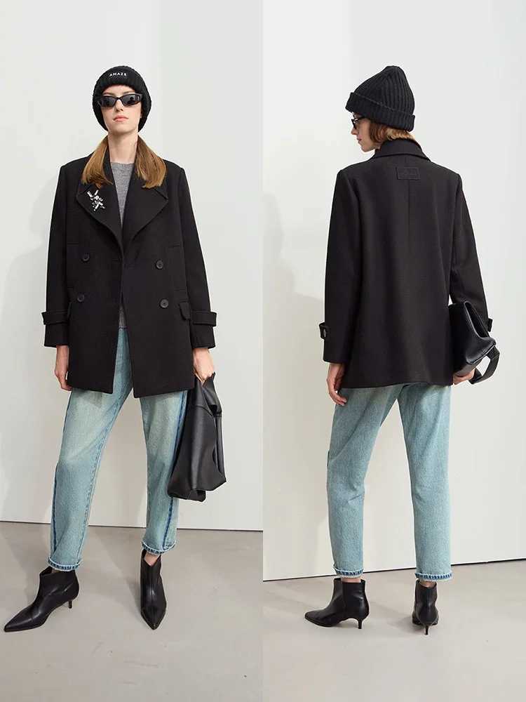 2024 Winter Womens Clothing Minimalist Amii Lapel Shoulder Pads Woolen Jackets Embroidery Loose Double-Breasted Coat 12424083 Z250813