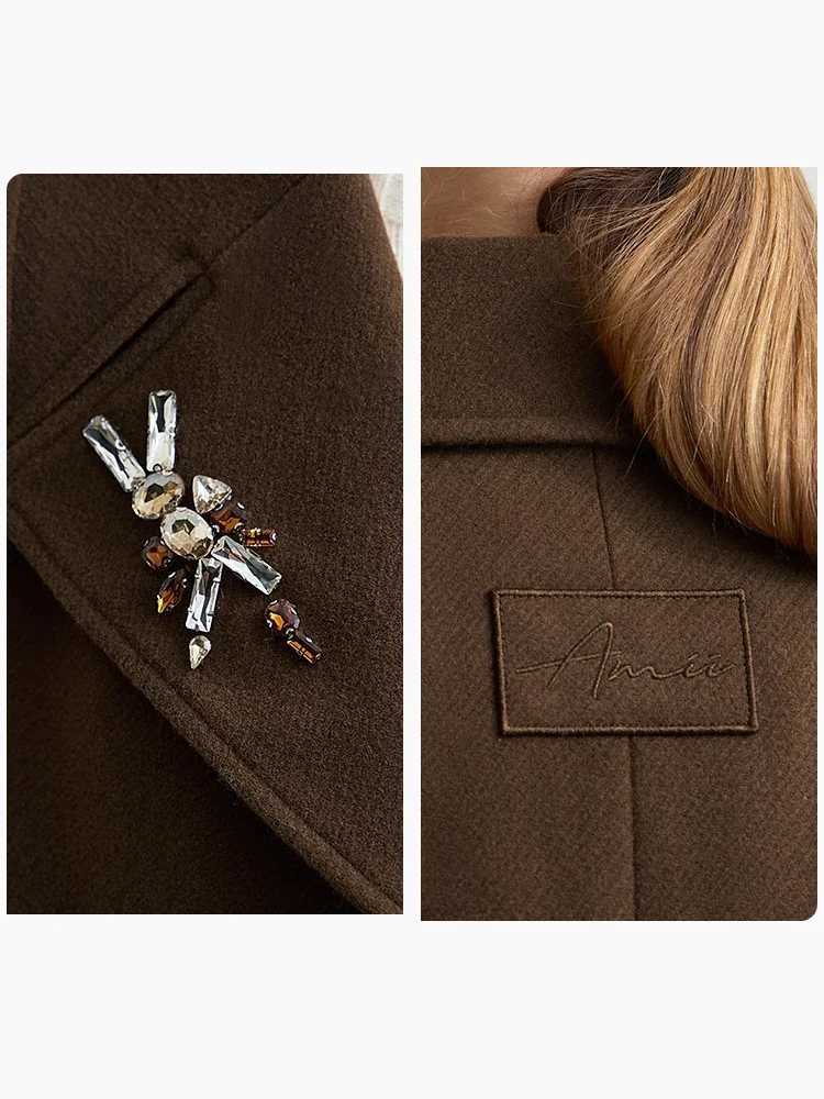 2024 Winter Womens Clothing Minimalist Amii Lapel Shoulder Pads Woolen Jackets Embroidery Loose Double-Breasted Coat 12424083 Z250813