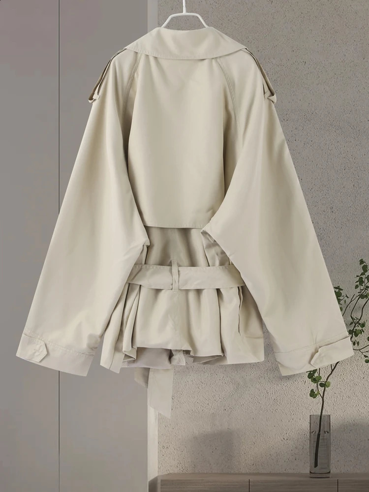 Womens Casual Cropped Trench Coat Lace-Up Lapel Full Sleeve Loose Jacket High Street Fashion Outwear for Ladies 2025 Autumn 250811