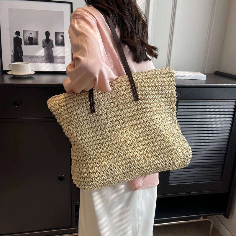 MOODS Design Straw Woven Tote Bags For Women Large Capacity Shoulder Beach Bag Pure Color Summer New Big Shopping Handbag