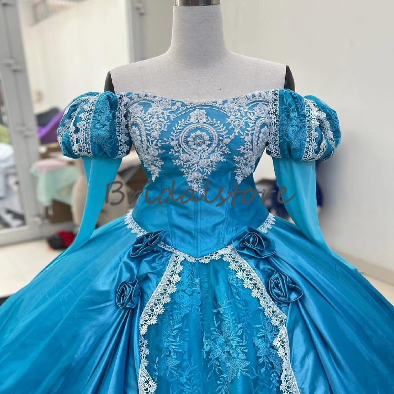 Fantasy Cineralle Blue Vestidos De 15 Quinceanera Off Shoulders Long Sleeve Cosplay Lace Sweet 16 Dress Birthday Party Dress 2025 Elegant Fifteen Cost