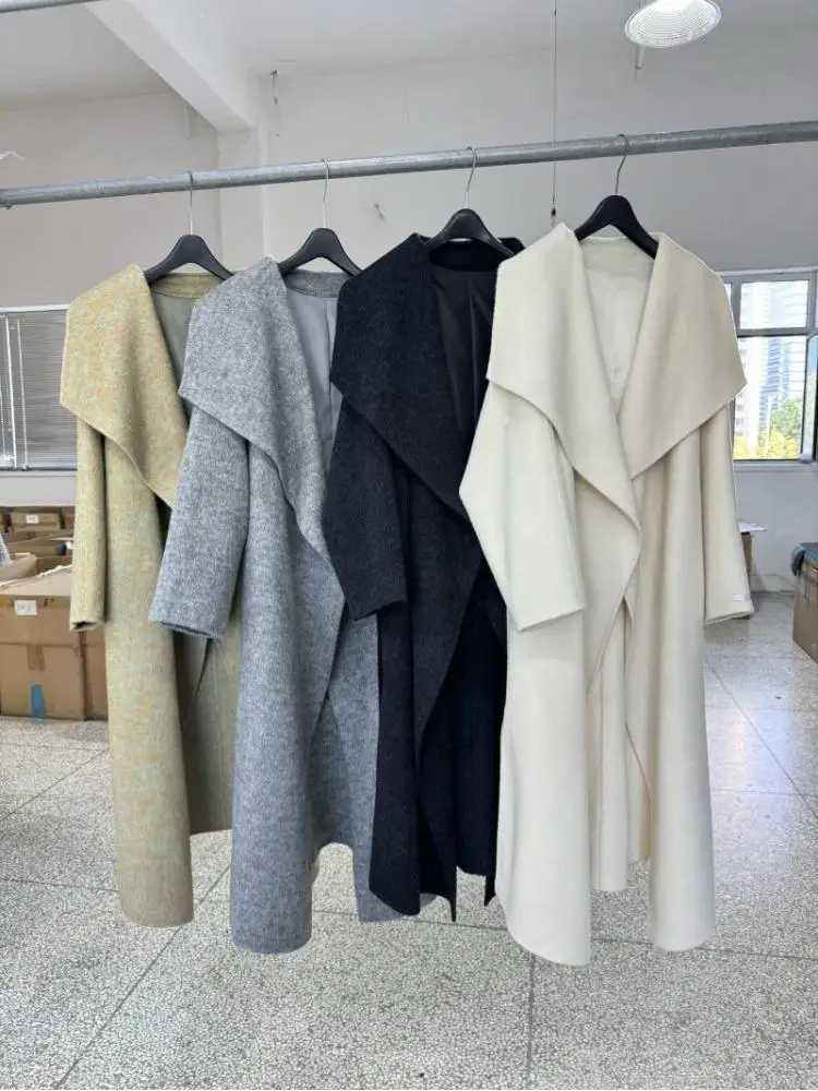 Large Lapel Woolen Jackets 2024 Autumn And Winter Korean Style Loose Lazy Lace-Up Womens Long Wool Coats Outerwear Z250813