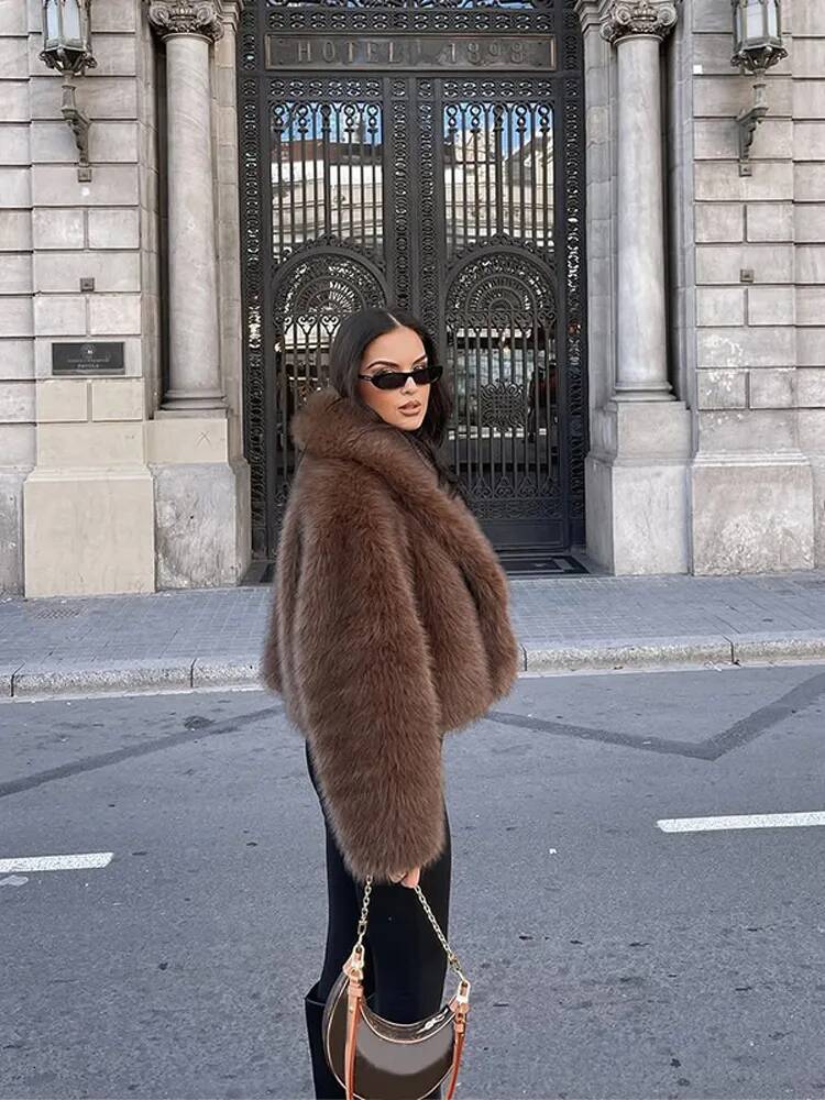 Elegant Brown Fluffy Faux Fur Jacket Autumn Women Fashion Lapel Long Sleeves Short Coats Winter Warm Female Street Outwears