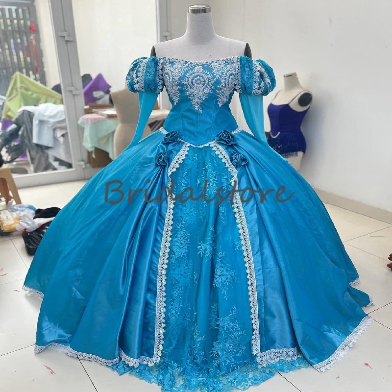 Fantasy Cineralle Blue Vestidos De 15 Quinceanera Off Shoulders Long Sleeve Cosplay Lace Sweet 16 Dress Birthday Party Dress 2025 Elegant Fifteen Cost