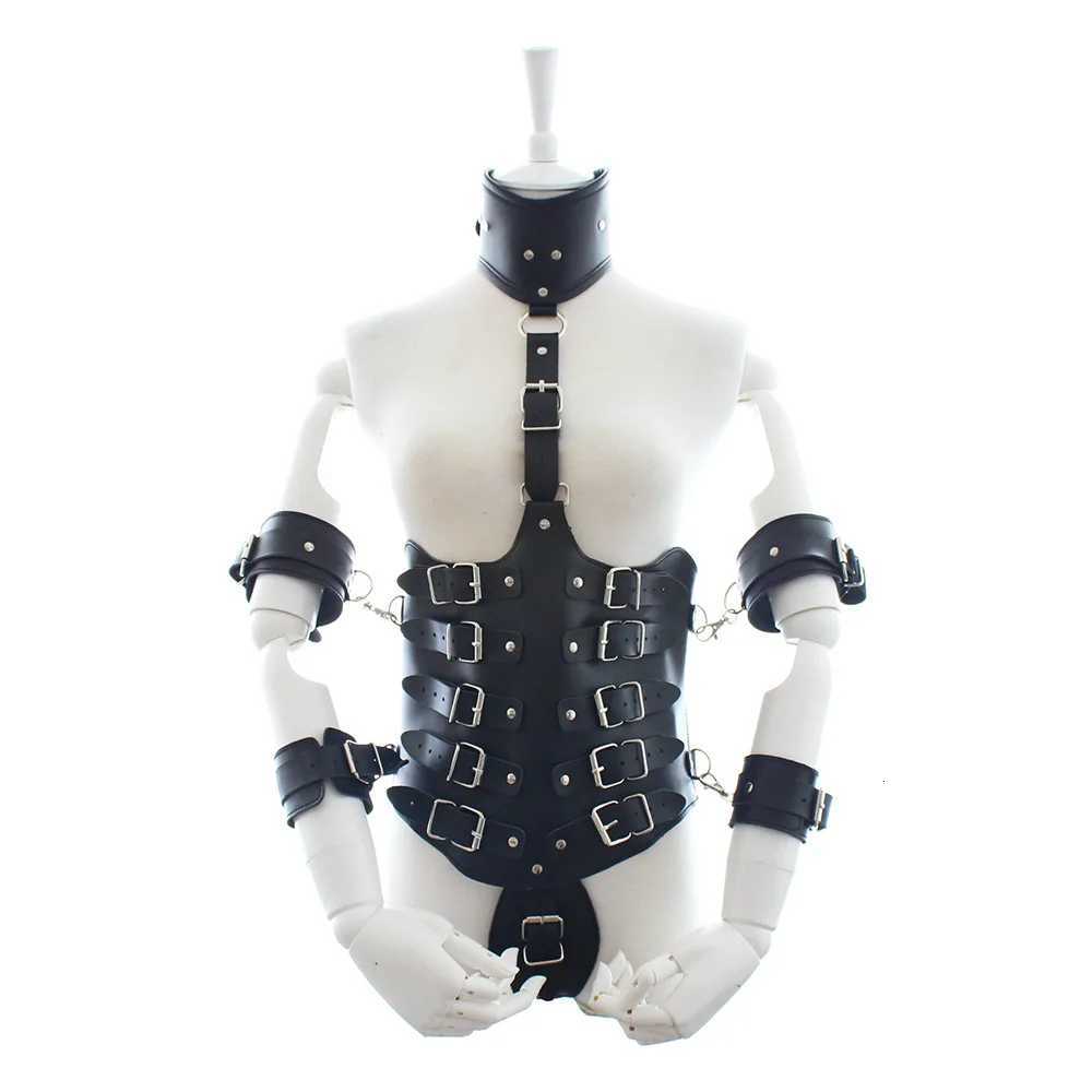 BDSM Leather Waist Cincher Underbust Corset with Attached Collar and Arm Restraint Fetish Costume Sex Toys for Women W250813