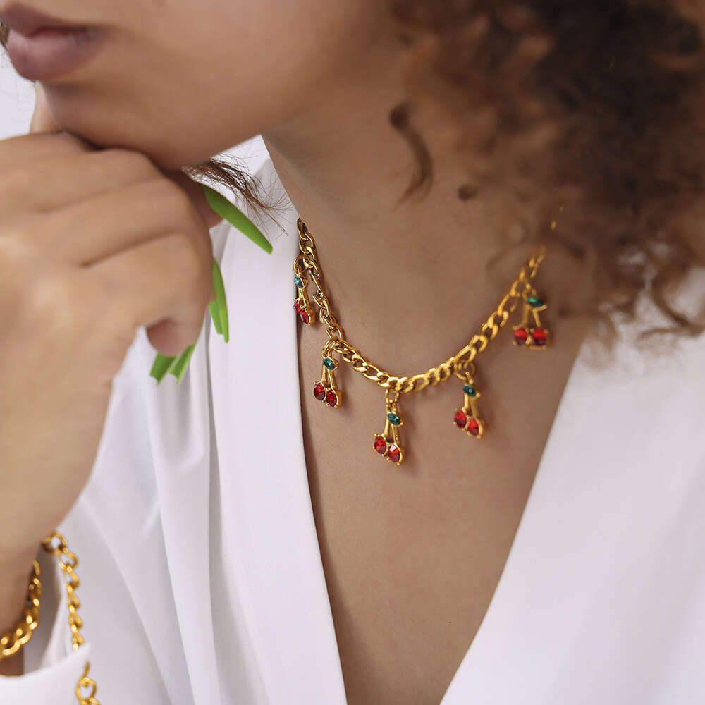 Fashionable and Elegant Glass Stone Red Cherry Jewelry Set Trendy Accessories Simple Necklace Bracelet