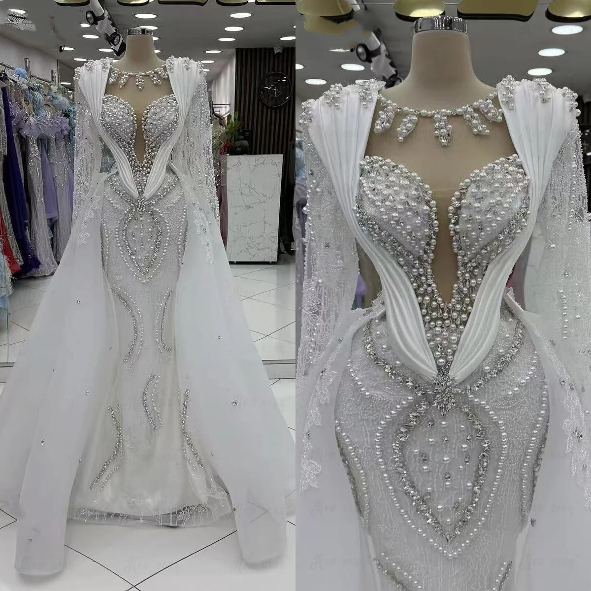 Exquisite A Line Women Wedding Dress Jewel Neck Long Sleeves Bridal Gowns Pearls Sequins Detachable Train Dress Customized vestidos de novia