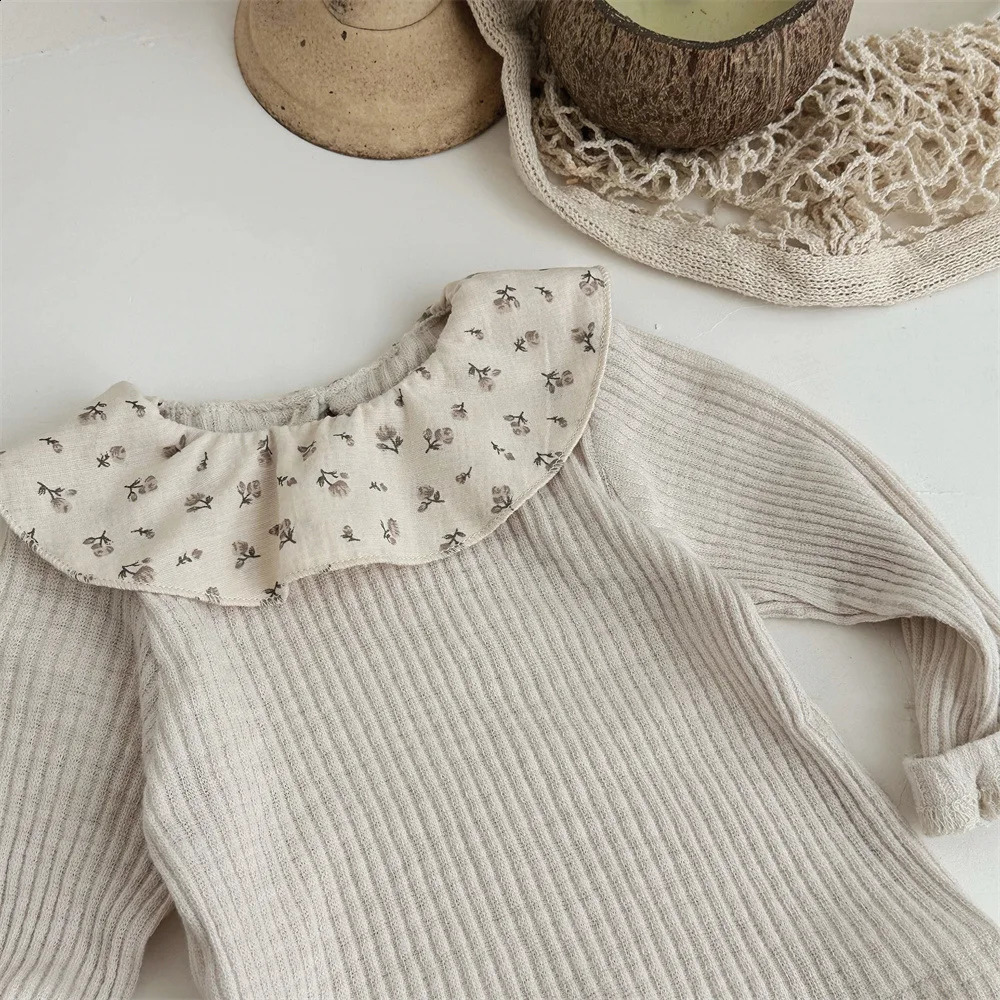 Autumn and Spring Baby Clothes Stripe Floral Lotus Leaf Collar Long Sleeved Top born Princess Inner Layer Bottom Shirt 250812