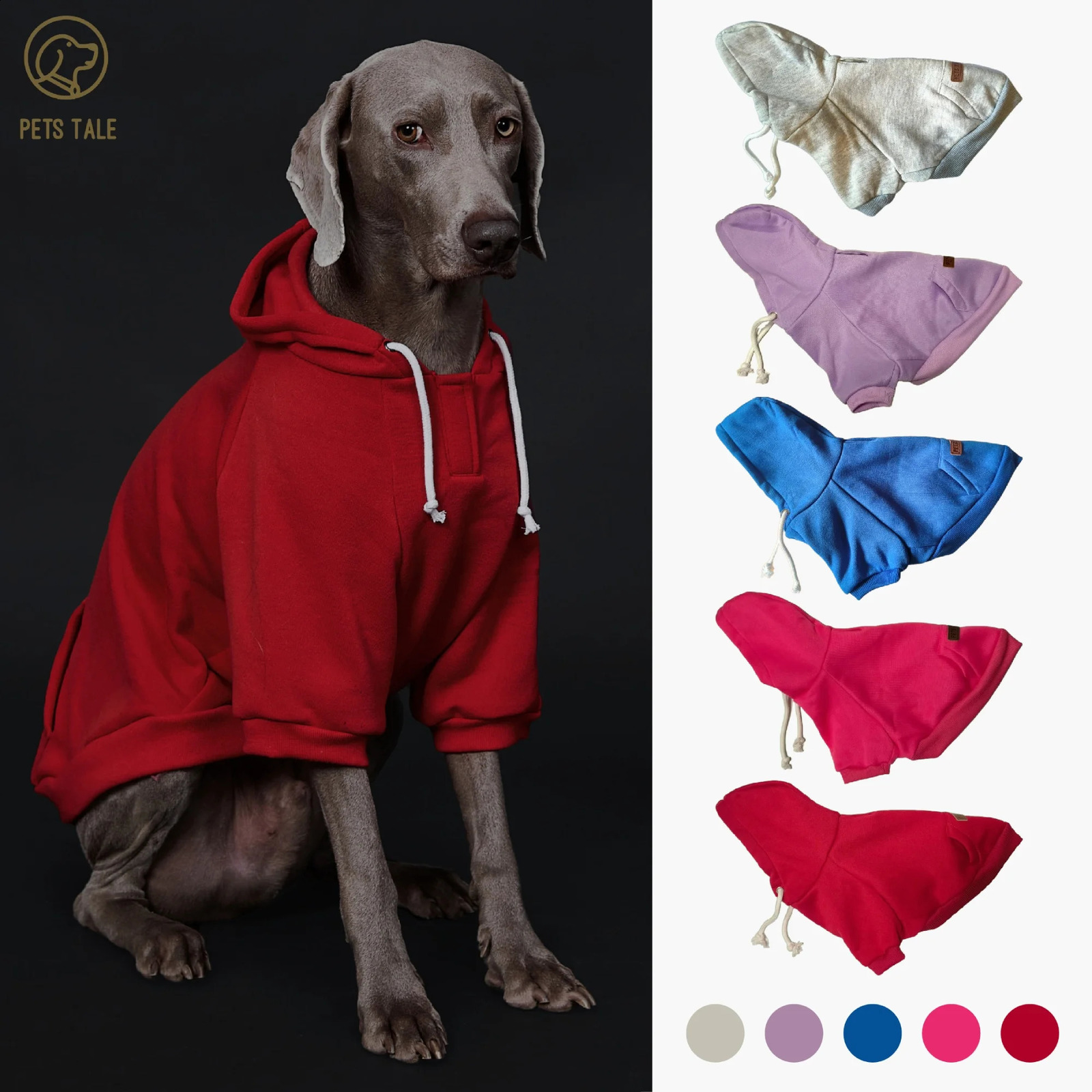 Solid Color Dog Hoodie with Pocket Leather Patch Hook and Loop Fastener Collar - Available in 5 Colors 250806