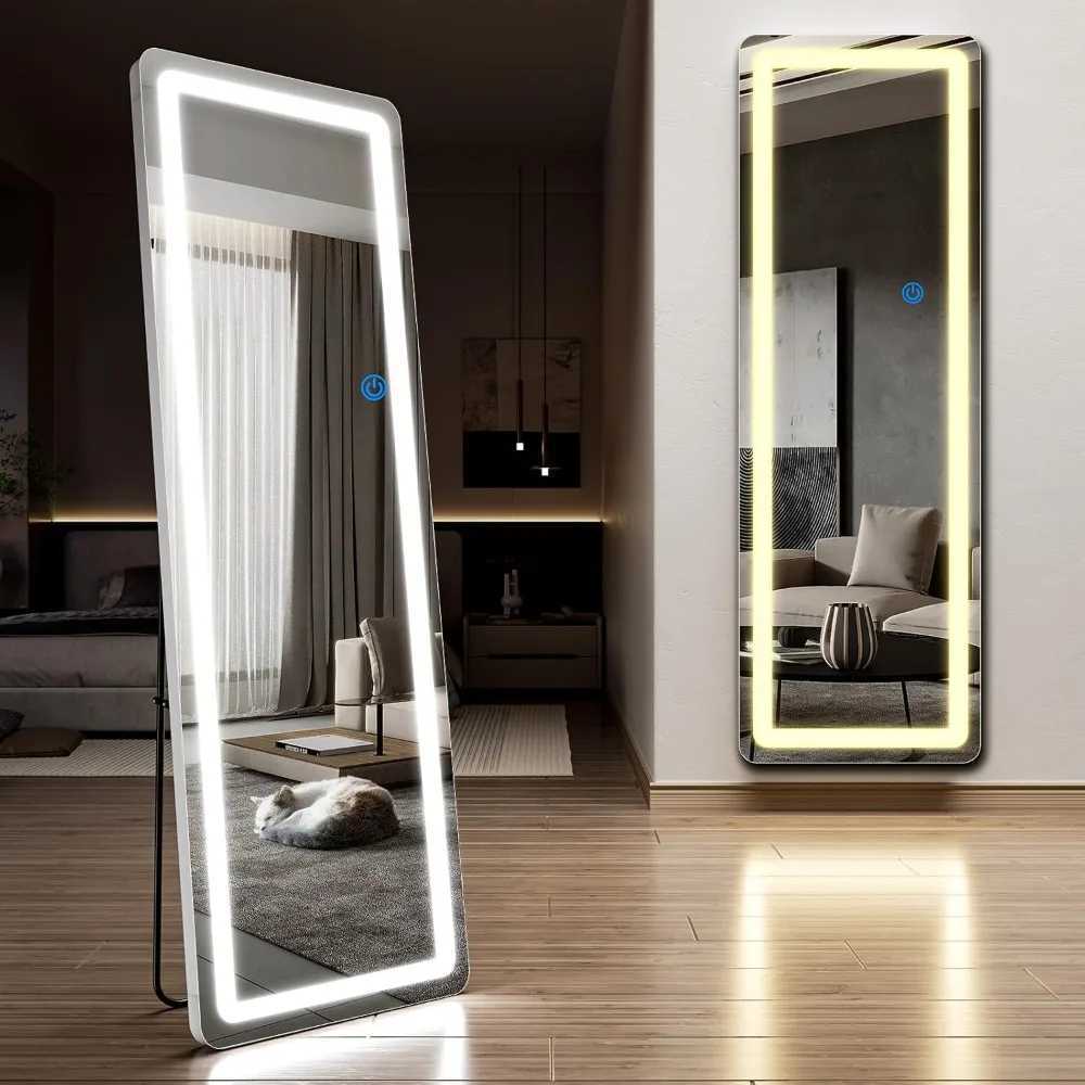LED Full Length Mirror 63x20 Floor Mirror with Rounded Corners Dimmable Lights - 3 Color Modes Full Body Mirror Stand H250813