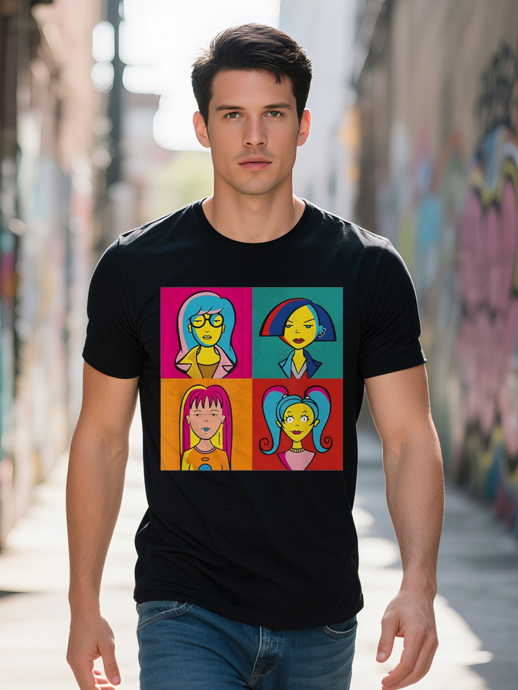 Graphic Print Round Neck T-Shirt Black with Color Cartoon Character Design Summer Breathable Tee Versatile