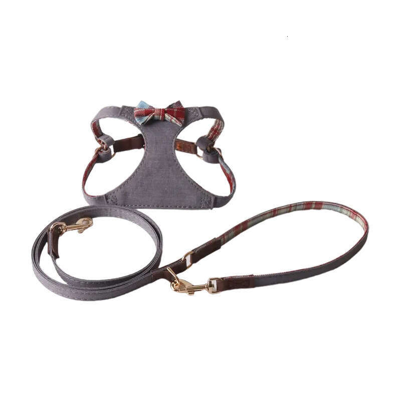 Jinjite New Gray Soft Denim Series Chest Harness Set Rhinestone Bowknot Vest Leash