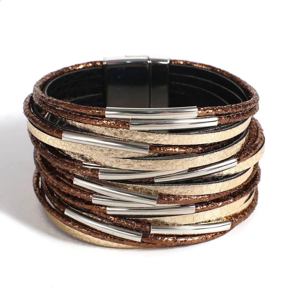 ALLYES Trendy Metal Tube Leather Bracelet for Women Men Chunky Glitter Filled Slim Multilayer Wrap Wide Bracelets Party Jewelry 250812