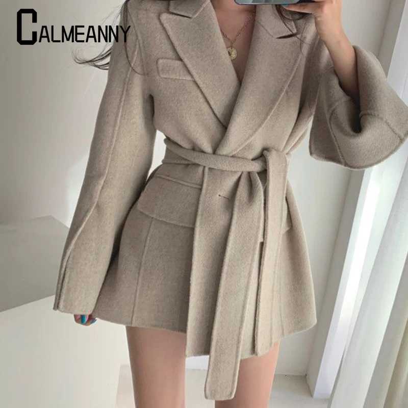 2023 Winter New Style Woolen Jacket Women Lace-up Chic Thick Blend Korean Edition Elegant Lapel Long Coats Ladies Office Trend Z250813