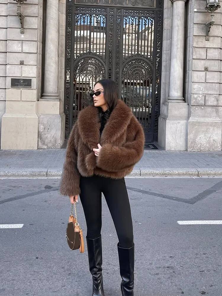 Elegant Brown Fluffy Faux Fur Jacket Autumn Women Fashion Lapel Long Sleeves Short Coats Winter Warm Female Street Outwears