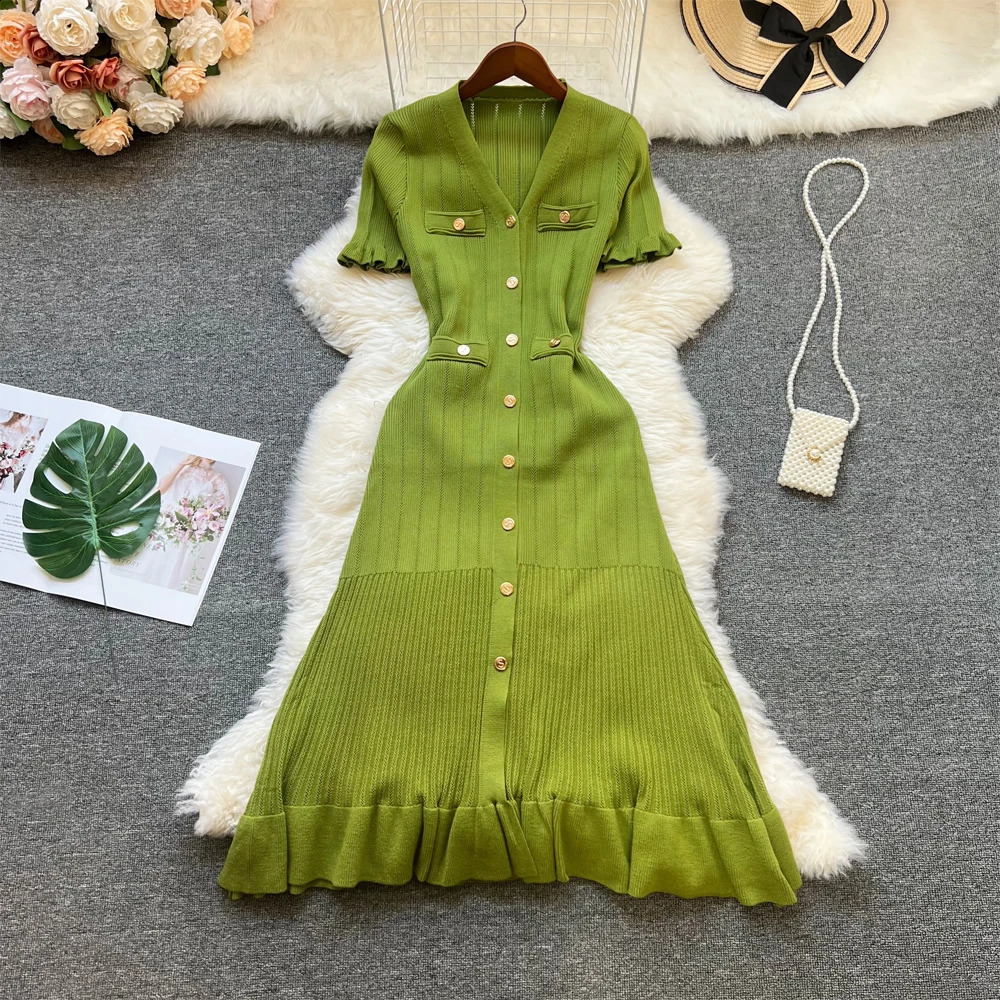 YuooMuoo Fashion Women Summer Knitted Long Dress Elegant French Style Single-breasted Sweater Dress Lady Office Vestiddos 250806