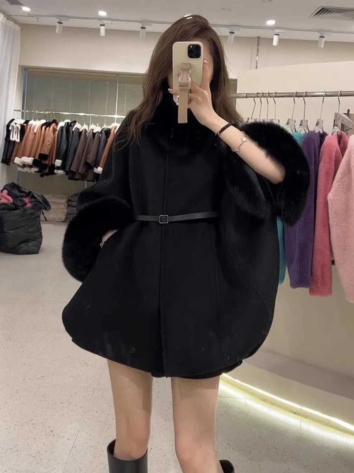 Autumn Winter Office Lady Elegant Women Winter Coats Batwing Sleeve Jacket Lady Warm Korean With Belt Women Party Coats Z250813