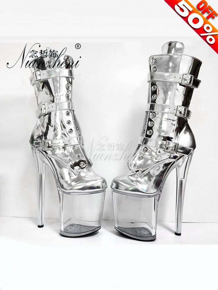 Stage Silver Shiny Surface Three-Piece Ankle Boots 20cm Crystal Catwalk Pole Dance Shoes Womens Gladiator Nightclub Round Toe 250812