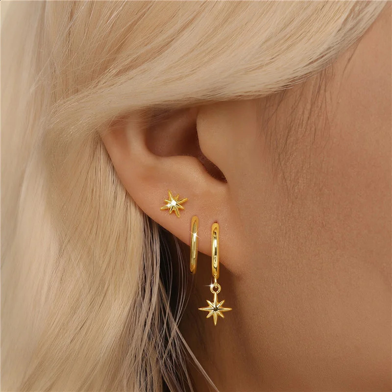 3 Pcs Fashion Stainless Steel Round Star Drop Earrings Set for Women Silver Color Plated Dangle Earring Punk Unisex Rock Jewelry 250812