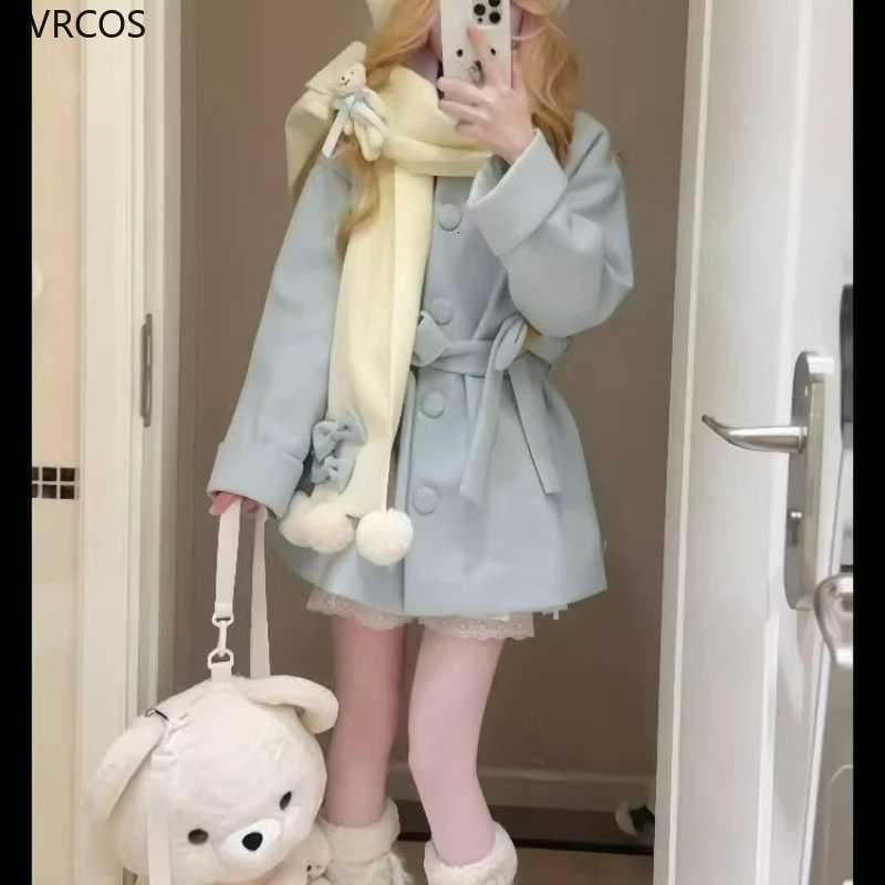 Autumn Winter Japanese Preppy Style Woolen Coat Women Kawaii Bow Cartoon Bear Scarf Loose Long Jackets Sweet Y2k Lolita Outerwear Z250813