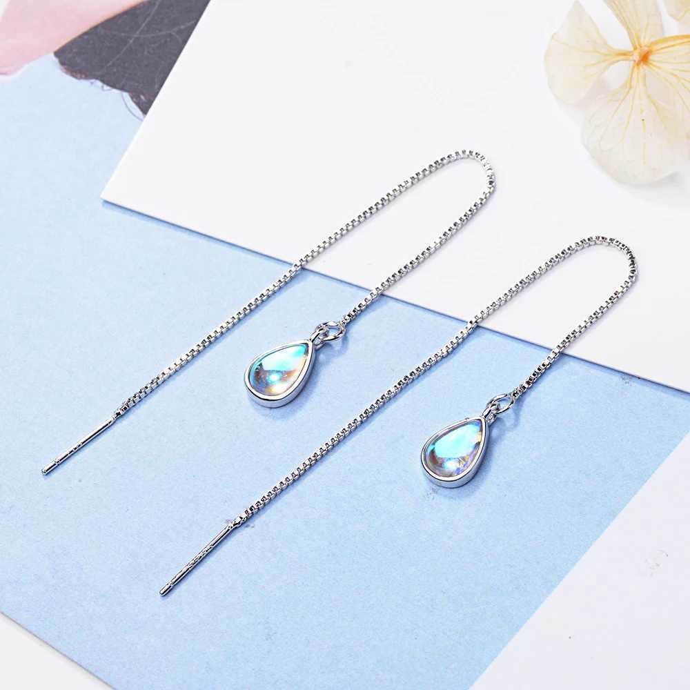 Elegant Teardrop Moonstone Dangle Long Chain Threader Earrings for Women Girl Y250812