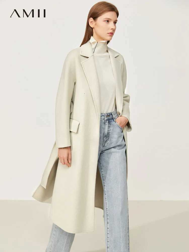 Amii Minimalism Winter Woolen Coat Women Elegant 100% Wool Double-sided Long Jacket with Sashes New Overcoat Female Jackets 12170570 Z250813