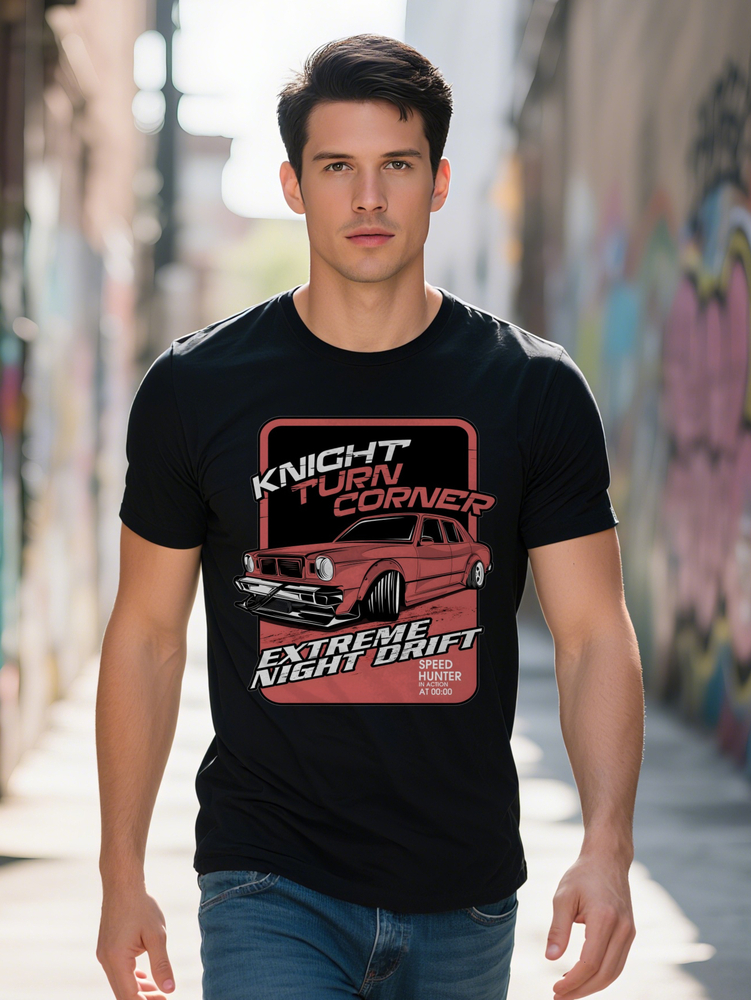 Men S Crew Neck T Shirt with Red Graphic Knight Turn Corner Design Extreme Night Drift Text Perfect for Enthusiasts