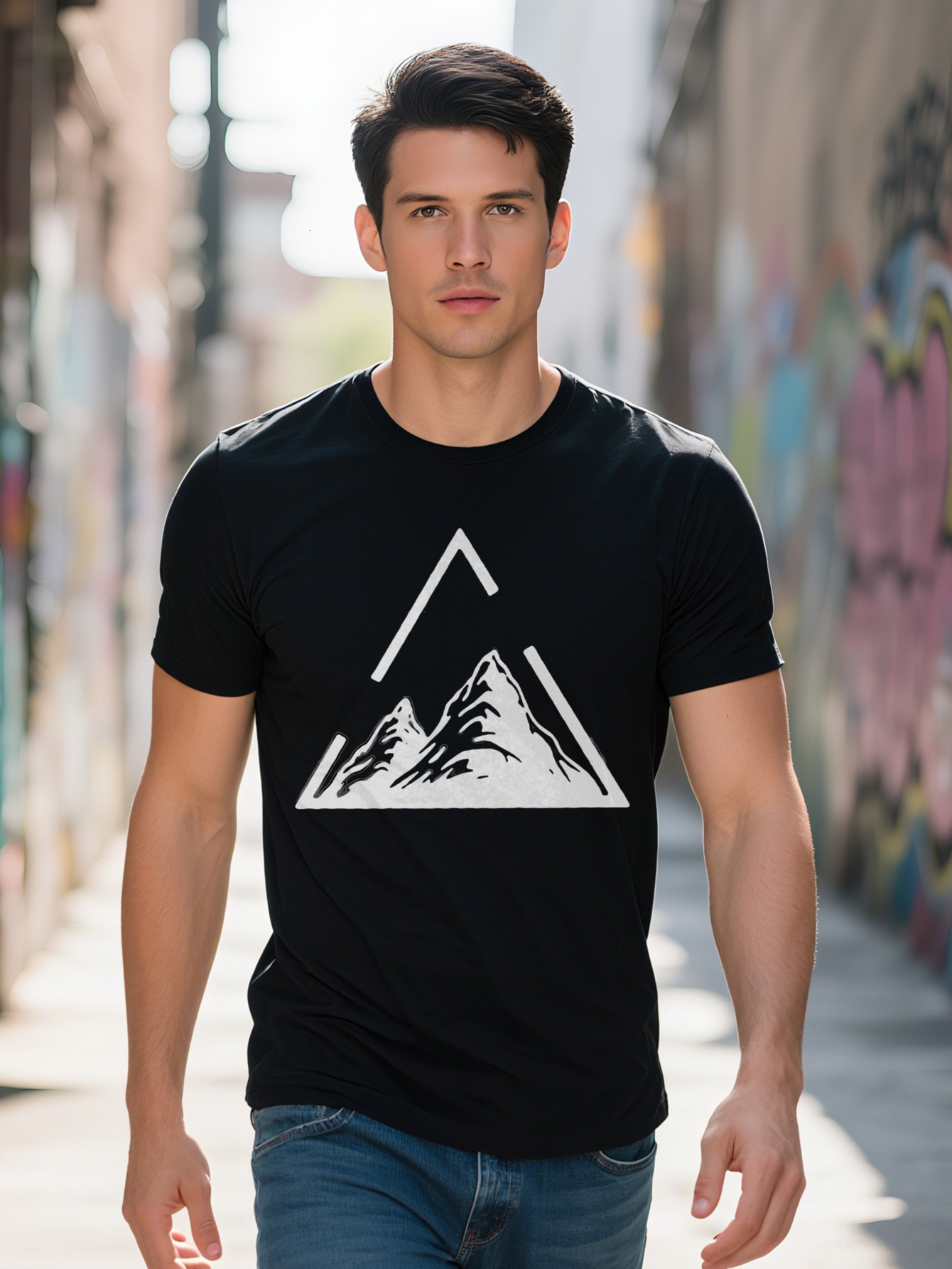 Men s Crew Neck T Shirt with Unique Mountain D Print Black Lightweight Summer Essential Perfect Gift for Him