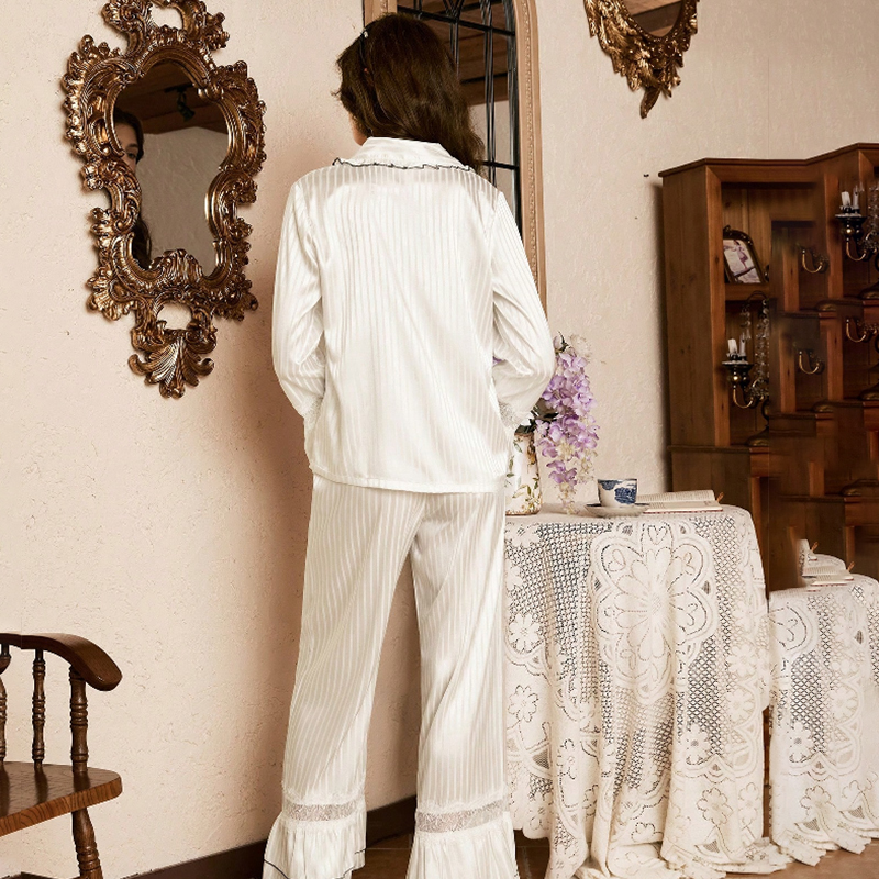 2025 New Women's Spring and Autumn Silk Color Dungaree Striped Lace Patchwork Long Sleeve Long Pants Pajama Set Homewear