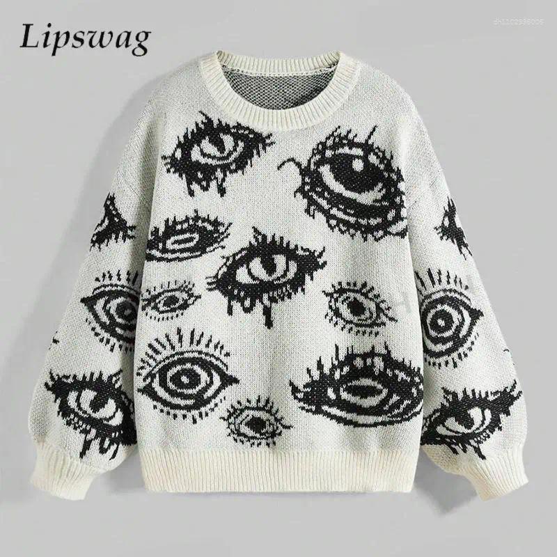 Men's Sweaters Y2K Eyes Crochet Knitted Mens Vintage Crew Neck Long Sleeve Knit Jumper Top Men Spring Autumn Casual Loose Sweater Male