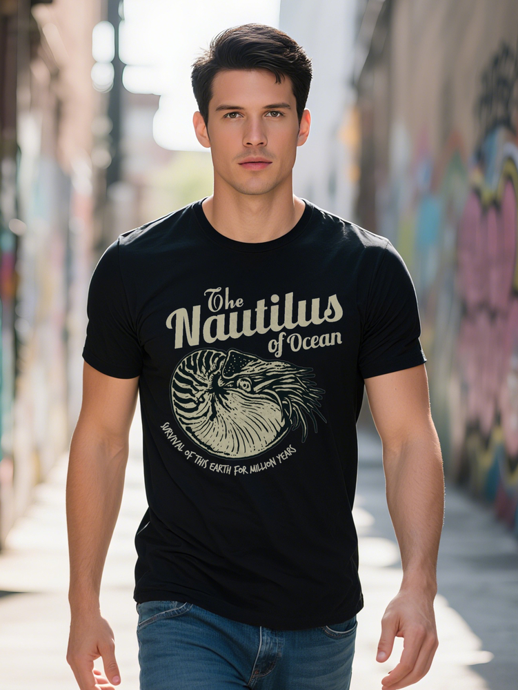 Men s Casual Crew Neck T Shirt The Nautilus of the Ocean Graphic Print Black with White Design Lightweight Summer