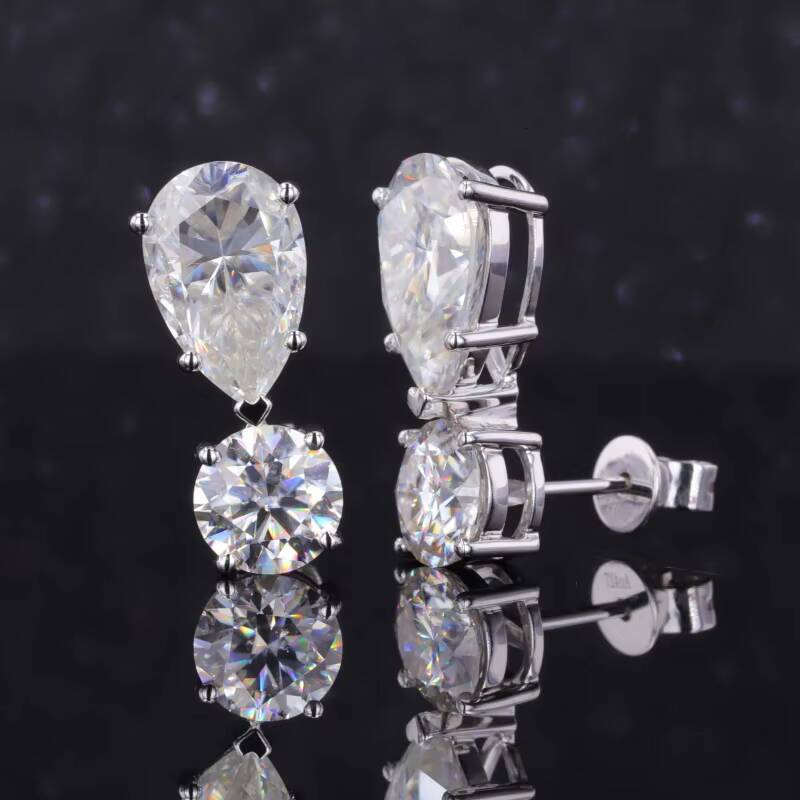 Starsgem Company Customize Solid Gold Moissanite Pear Brilliant Cut and Round Moissanite Diamond Drop Earrings