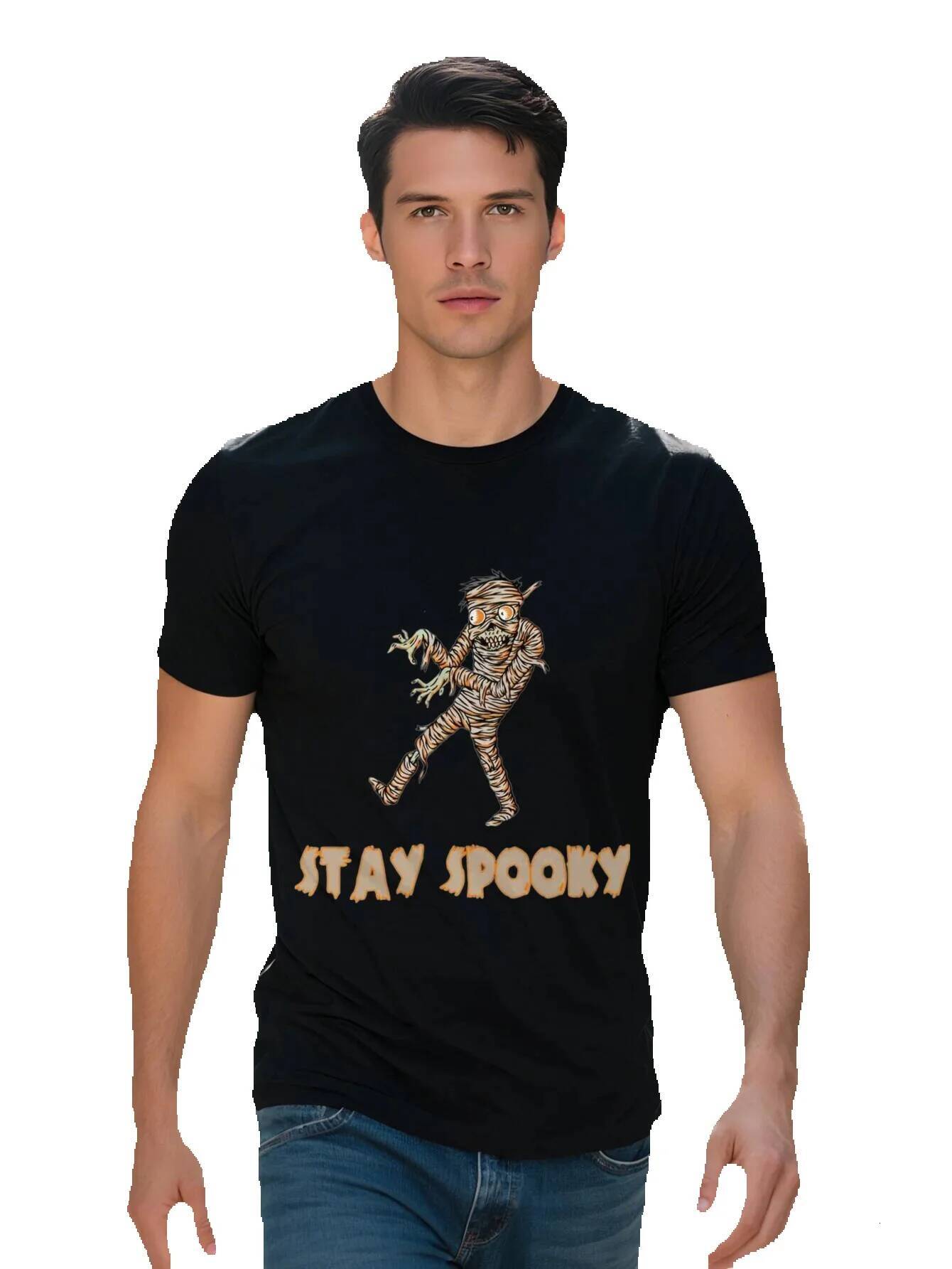 Men s Stay Spooky Skeleton Graphic T Shirt Fun Loose Fit Short Sleeve Cotton Black with Orange Print Round Neck 36fca