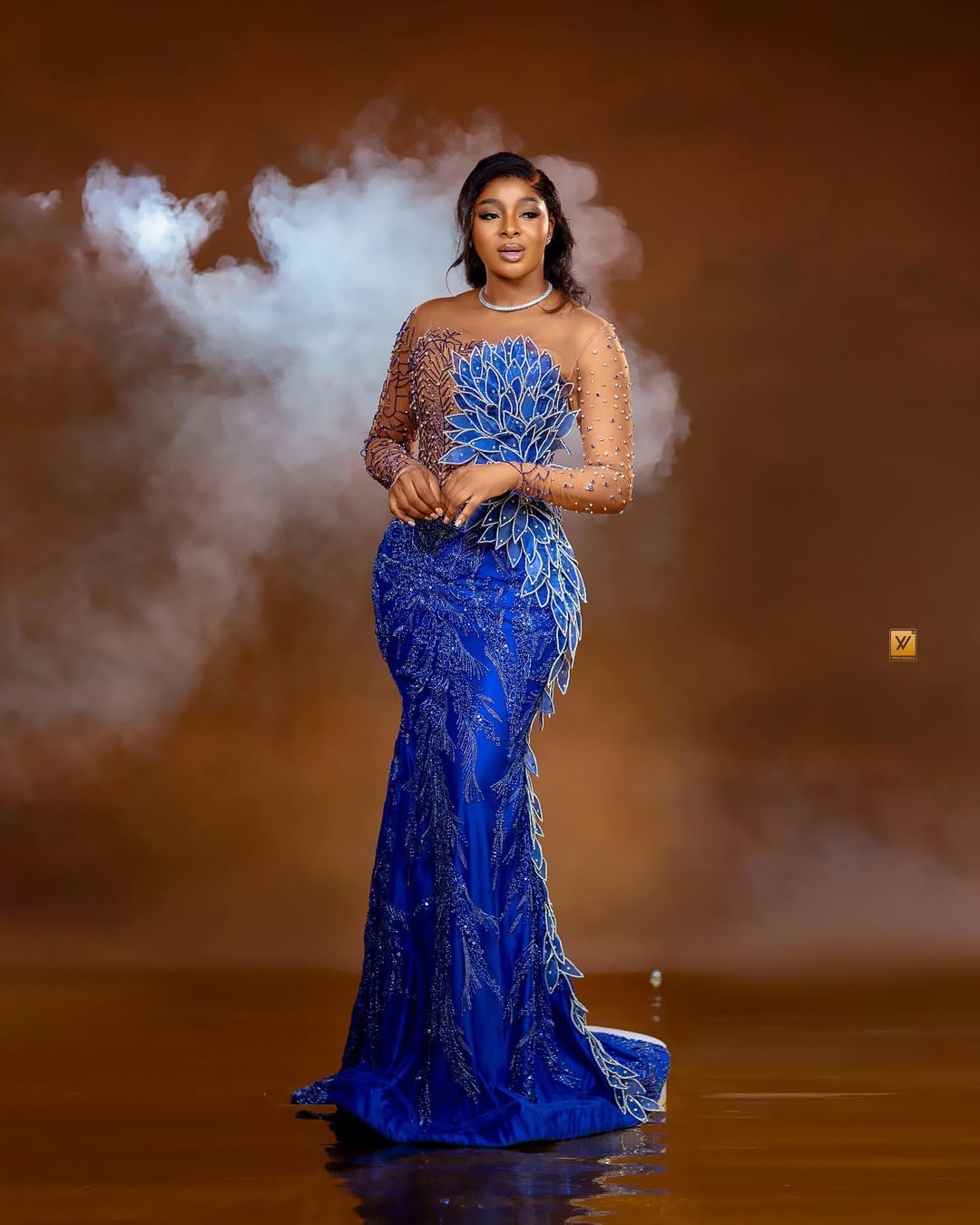 Aso Ebi Plus Size Royal Blue Prom Dress 2025 Evening Dresses For Special Occasions Sheer Neck Beaded Lace Long Sleeves Birthday Dress Second Reception
