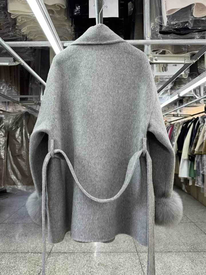 New Natural Fur Thick Double-sided Wool Coat Female Short Autumn Winter Loose Lace-up Woolen Coats Women Fashion Overcoats Z250813