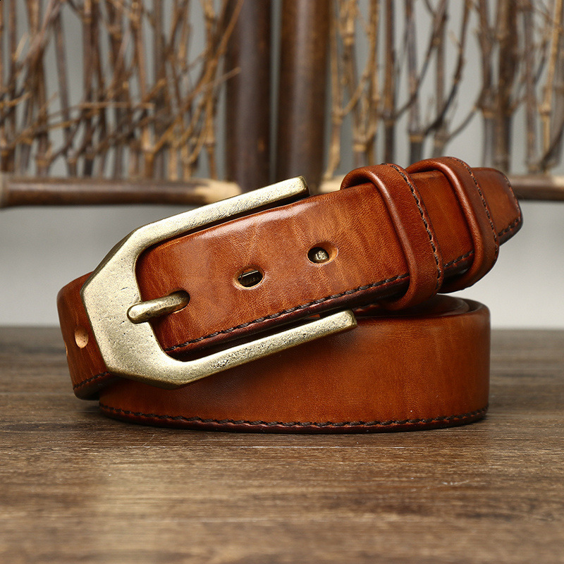Red Tornado Genuine Leather Slide Belt with Vintage Brass Buckle For Casual Dress Pants 250102