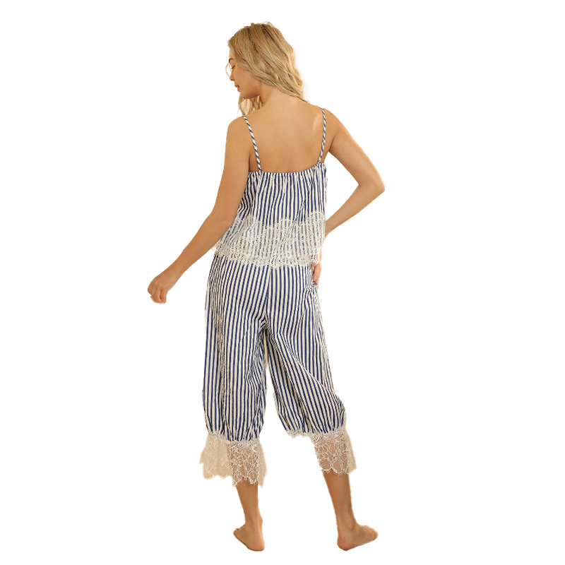 2025 New Women's Spring/Summer Blue Striped Lace Patchwork Strapless Capri Pants Pajama Set Homewear