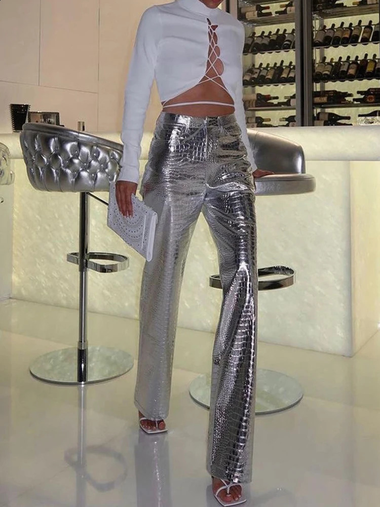 Gold Sliver Leather Pants Women Casual High Waist Straight Wide Leg Ankle Length Trousers Scale Leather Party Club Wears 250812