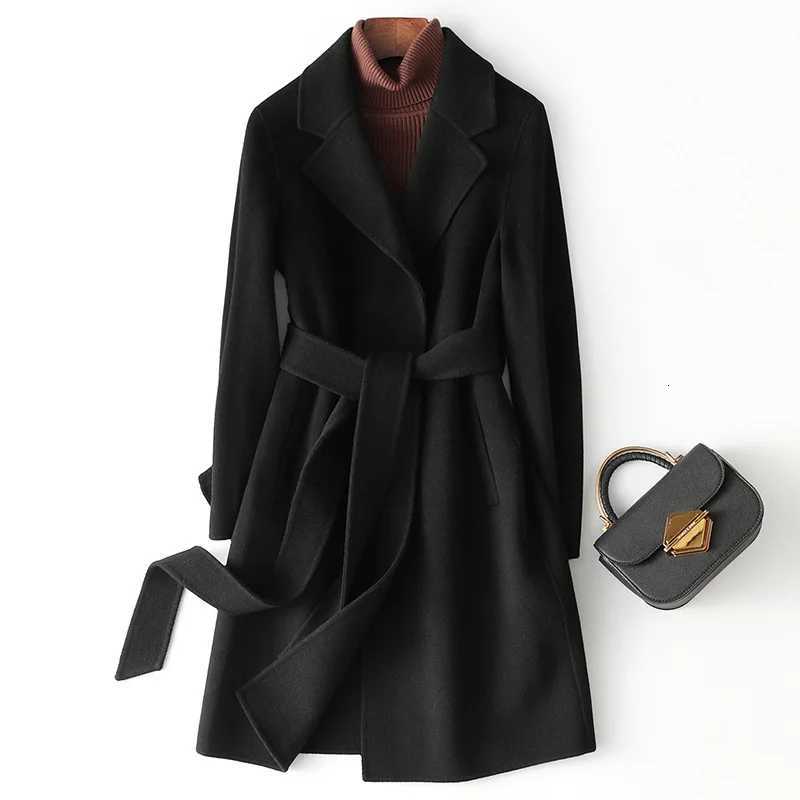 100% Wool Coats for Women Autumn Turn Down Collar Midi Length Coats Women Woolen Coat with Belt Womens Jacket Tops Z250813