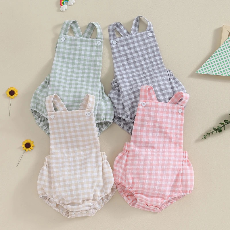 Summer Toddler Baby Girls Boys Overalls Romper Casual Sleeveless Plaid Stripe Print Jumpsuit Fashion Infant born Clothes 250812