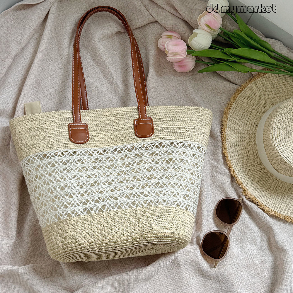 Pastoral Style INS Straw for Women Summer Hollow Design Large Capacity Fashion Versatile Beach French Tote Bag ddmymarket