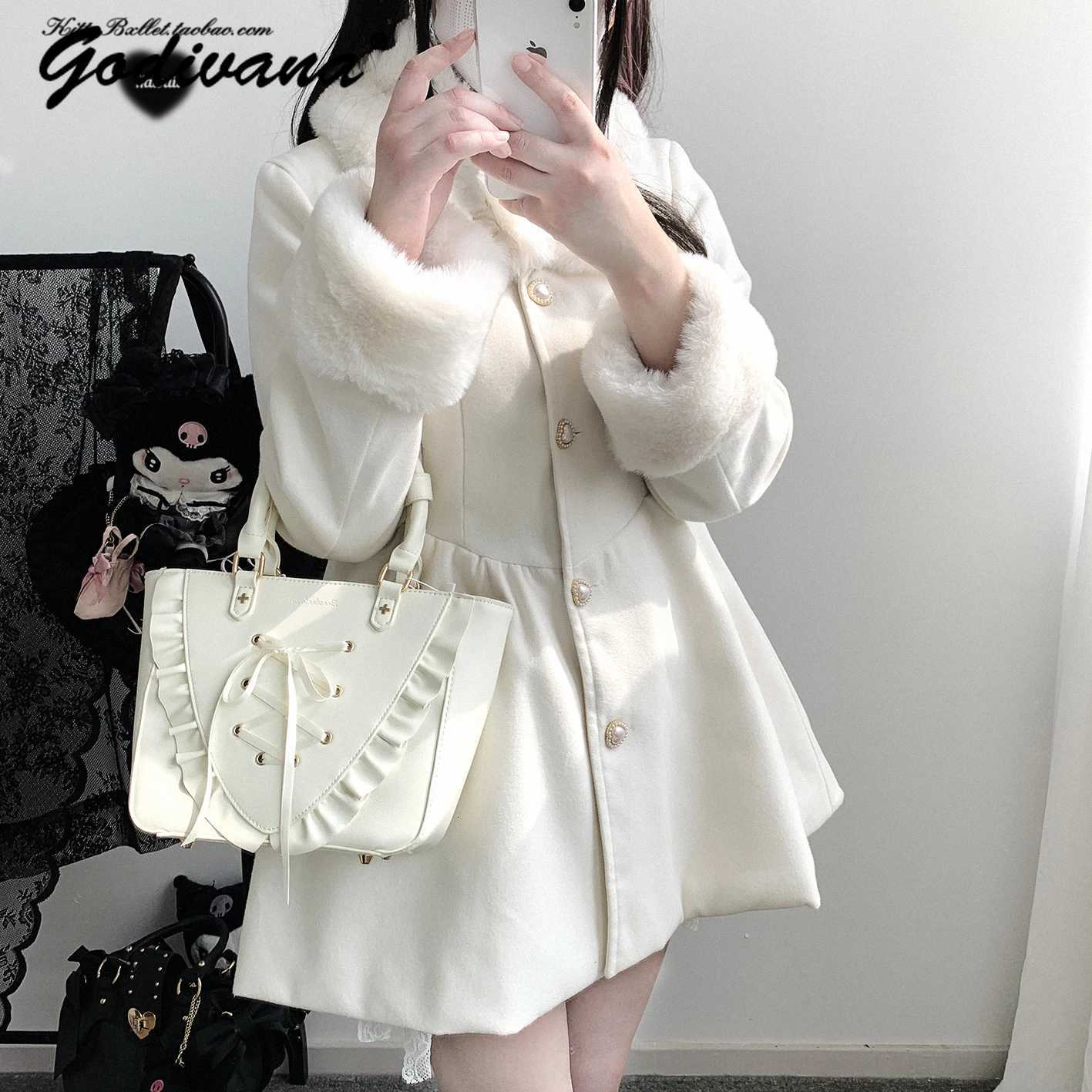 Sweet Lolita Woolen Coat New Autumn and Winter Elegant Womens Removable Fur Collar Single-breasted Wool JaCKet Overcoat Z250813