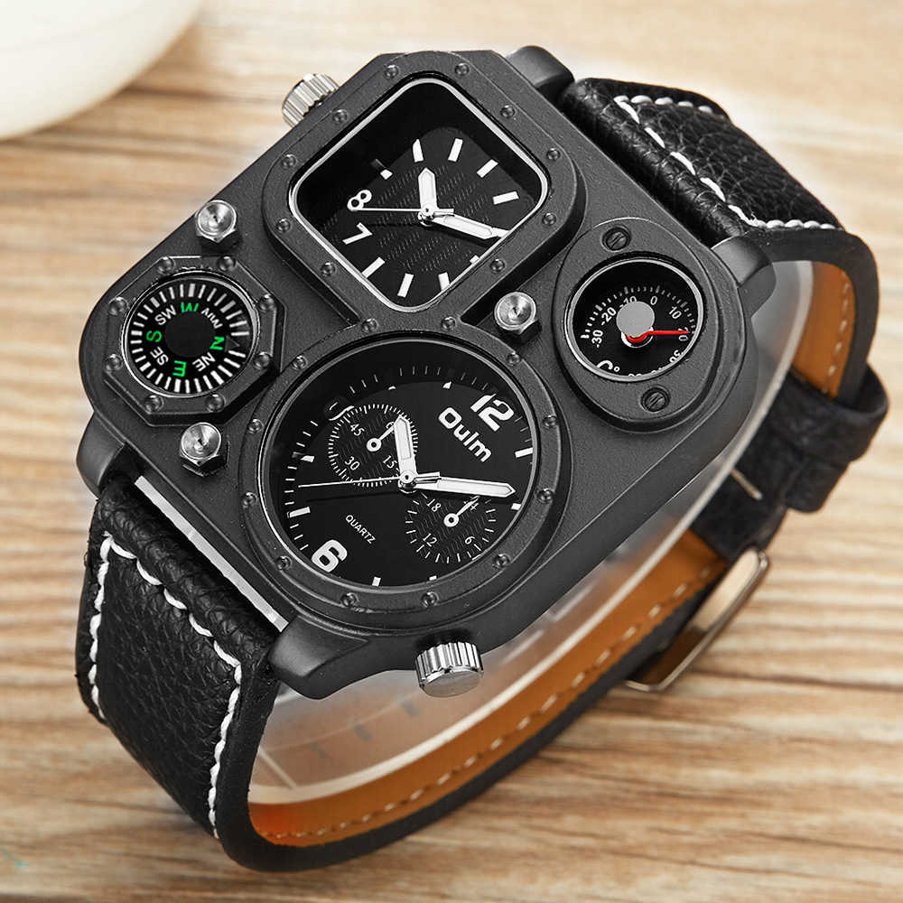 Men's quartz watch - stylish timepiece with compass dial, double time zone, leather strap, square shape. J250813