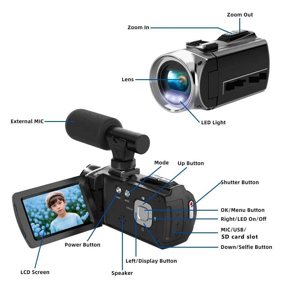 4K Camcorder with Microphone 18X Zoom Infrared Vlogging Video Camera for YouTube 48MP Portable Digital Recorder T250813