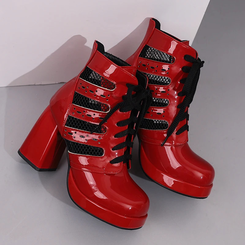 Breathable Mesh Patchwork Glossy Patent Leather Lace Up Womens Short Boots Platform Ultra-High Thick Heel Hollow Ankle Boots 250812