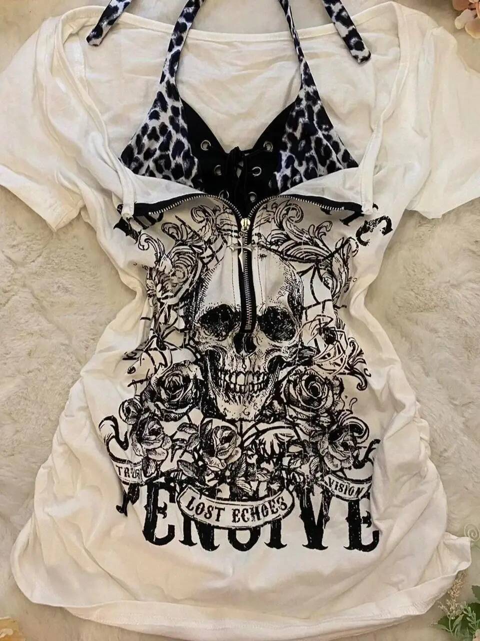 2025 Summer New Women's Tank Top Fashion Skull Print Splicing Leopard Pattern Strap Top Retro Slim fit T-shirt Summer New Counterfeit Two design 
