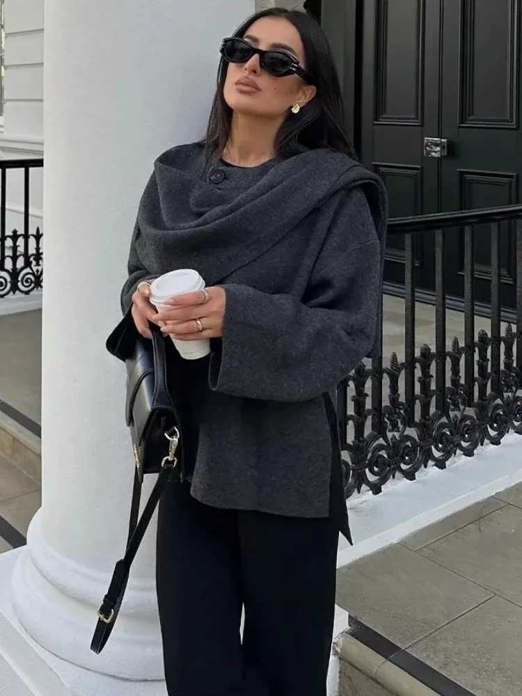 3ZBA Womens Asymmetric Scarf Knitted Jacket O-neck Single Button Side Slit Solid Loose Coat Winter New Female Chic Outerwear Z250813