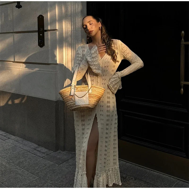 Elegant Knitted Hollow Out Long Dress Women Beach Ruffle Single-breasted Flare Sleeve Cardigan Robe Female Fashion Solid Dresses 250805