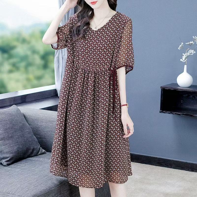 plus size women's new long sleeve high waist printed banquet dress mid-length skirt D02486