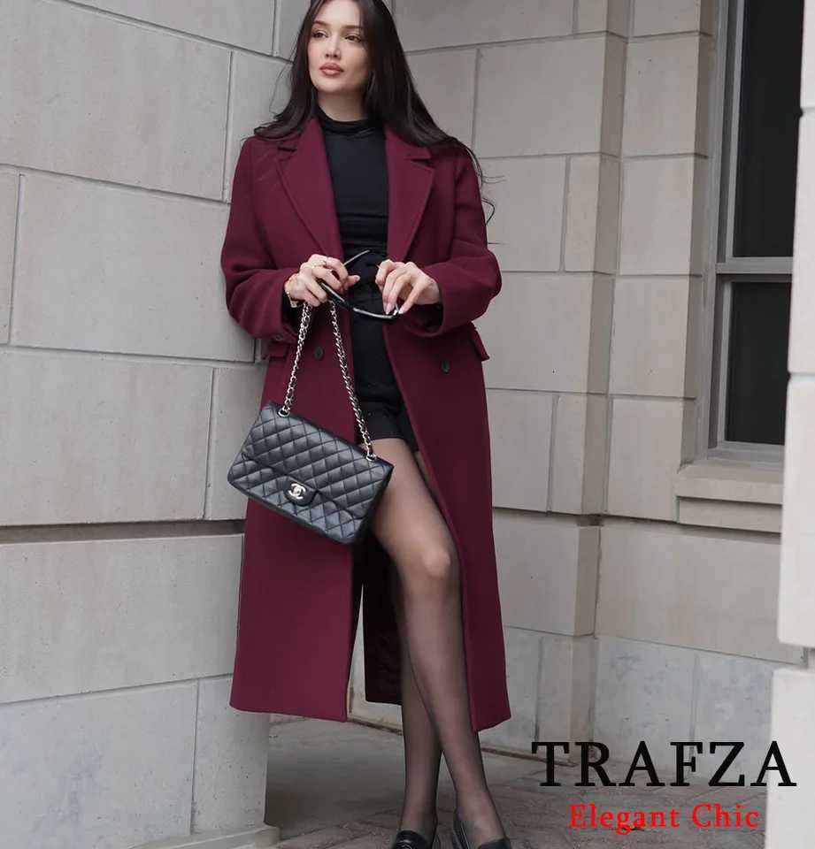 TRAFZA-Women Elegant Long Coat Pink Blended Lapel Buttons Lined Coat New 2025 Fashion Fall Winter Romantic Outwear Beige Coat Z250813